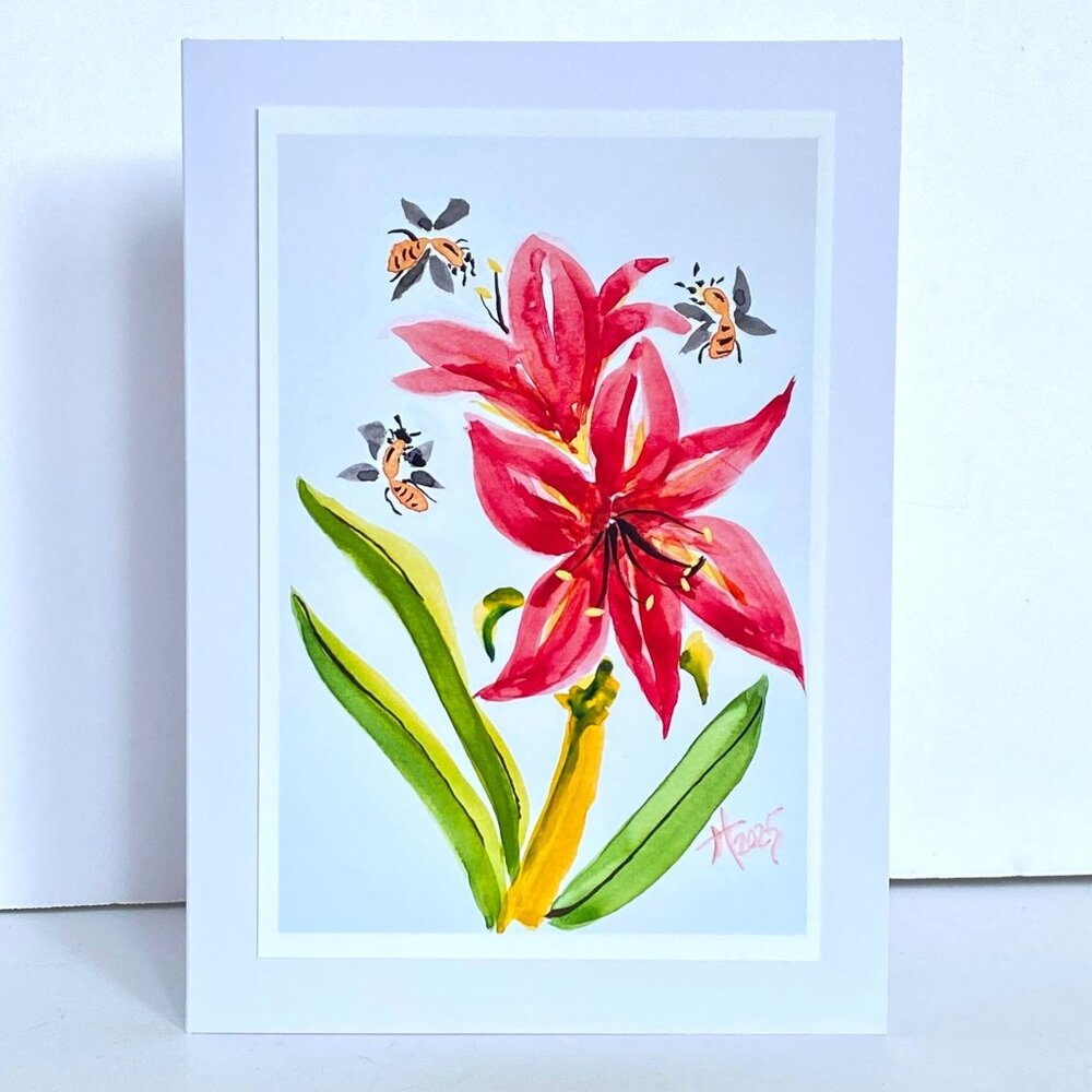Amaryllis and Bees Art Print 5x7in Blank Greeting Card and Envelope All Occasion